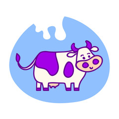 Standing spotted cute cow in blue and violet colors in line cartoon style with milk drops. Hand drawn, isolated vector illustration, Eps 10.