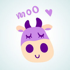 Vector illustration, flat cartoon smiling violet cow face. Hand drawn. With "MOO!!" lettering. Applicable for package, poster, label designs, banners, flyers etc.