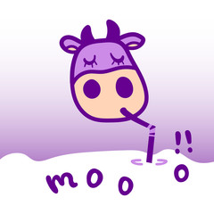 Vector illustration, flat cartoon cow drinking milk with straw. Hand drawn. With 