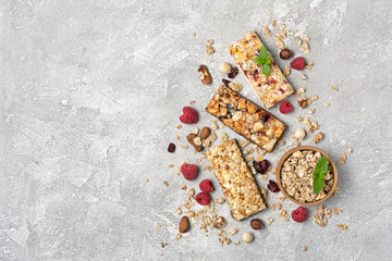 Granola bar with fresh raspberry and nuts for healthy nutrition