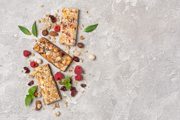 .Granola bar with fresh raspberry and nuts for healthy nutrition