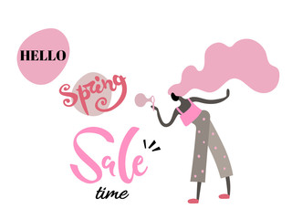 Vector illustration, trendy flat cartoon girl blowing bubbles. 