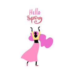 Vector illustration, flat cartoon woman with long pink hair raising hands up and 