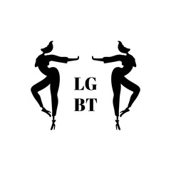 Vector illustration, trendy gay men on heels with LGBT text. Black isolated silhouette. Applicable for LGBT, transgender rights concepts, logos, flyers, brochures , etc.