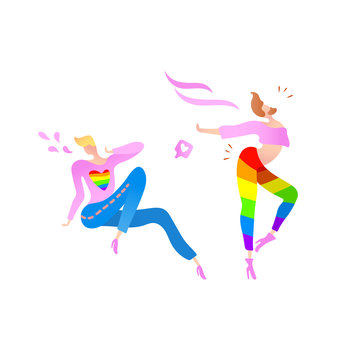 Vector colorful illustration, trendy gay man on heels. Flat cartoon style, isolated. Contains rainbow element. Applicable for LGBT (LGBTQ), transgender rights, pride parade, love is love concept.