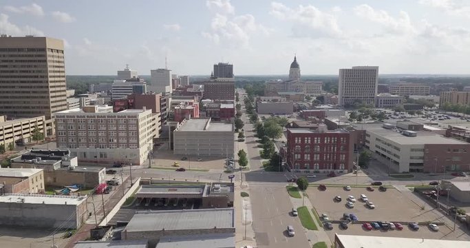 Drone Flight over Downtown Topeka towards Capital Building