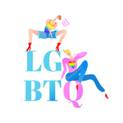 Vector colorful illustration, trendy gay men on heels with LGBTQ text. Flat cartoon style, isolated. Applicable for LGBT, transgender rights concepts, logos, flyers, etc.