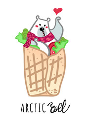 Vector illustration, funny kissing polar bear in the spring roll with tomato and green salad. Line cartoon style, with text "arctic roll". Applicable for arctic menu concepts.