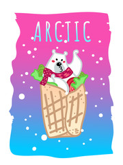 Vector illustration, funny kissing polar bear in the spring roll with tomato and green salad. Line cartoon style, with text, falling snow, neon gradient background. Applicable for arctic concepts.