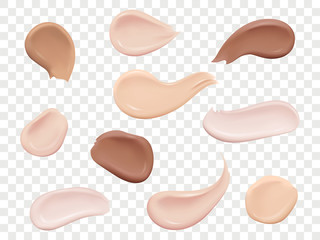 Set of cream smears of skin color. Realistic cosmetic cream isolated on transparent background.