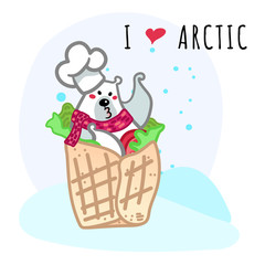 Vector illustration, funny polar bear wearing white chef hat in the spring roll with tomato and green salad. Line cartoon style, with 