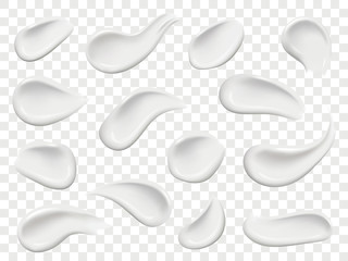 Set of cosmetic white cream smears. Realistic cosmetic cream isolated on transparent background - obrazy, fototapety, plakaty