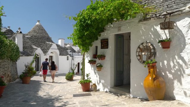 Scenic sight in Alberobello, the famous Trulli village in Puglia (Apulia), southern Italy.