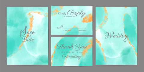 Artistic watercolor wedding invitation template set. Luxury fluid background with golden brush splash. Pantone gold foil decoration design vector