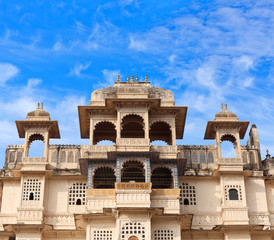 Exterior of famous ancient City Palace in Udaipur, Rajasthan state, India