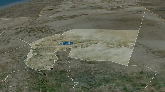 Tagant - region of Mauritania with its capital zoomed on the satellite map of the globe. Animation 3D