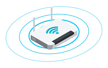 Wireless router in isometric style. Vector illustration of wifi network sharing.