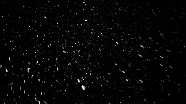 Falling snow in the dark, heavy wind and snowing, slow motion