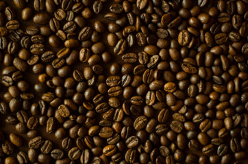 Aromatic roasted coffee beans at the brown wooden background