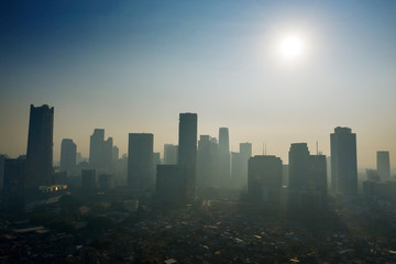 Skyscrapers and residential houses with air pollution