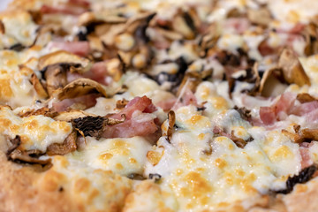 Italian fast food, background of bacon and mushrooms pizza close up