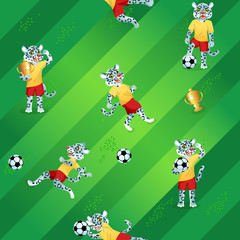 Seamless pattern of soccer field background and snow leopards as players in uniform with balls and goblets