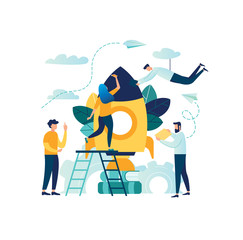 vector illustration people are building a spaceship rocket. cohesive teamwork in the startup