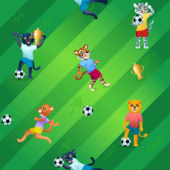 Seamless pattern of soccer field background and wild cats as players in uniform with balls and goblets