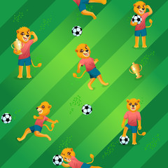 Seamless pattern of soccer field background and lions as players in uniform with balls and goblets