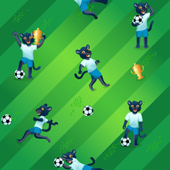Seamless pattern of soccer field background and panthers as players in uniform with balls and goblets