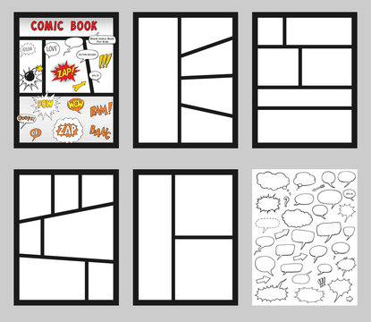 comic book Blanks set, text speech bubbles , Comic magazine cover Template, strip page mock up