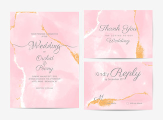 Watercolor wedding invitation template set. Artistic luxury fluid background with golden brush splash. Pink gold foil decorative design vector