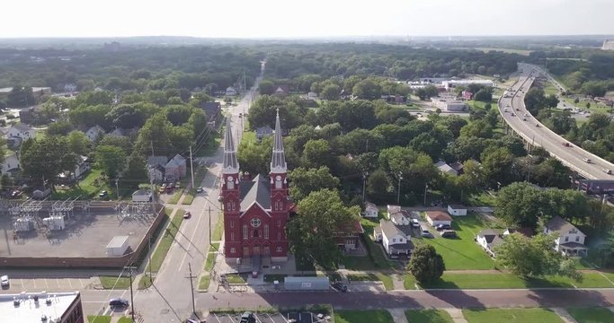 Slow Drone Orbit High over Old Brick Church