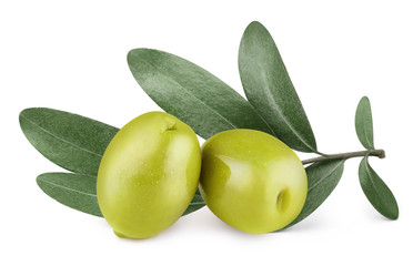 Delicious green olives with leaves, isolated on white background