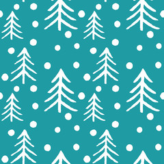 Seamless pattern white fir tree and snowflakes on green background. Christmas trees. Happy New Year background. Winter holidays. Design for textile, wrapping, wallpaper, paper.