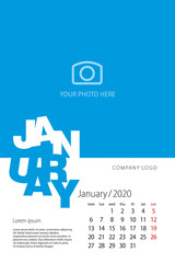 2020 New Year Desk Calendar January modern template blue background