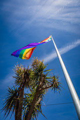 Rainbow flag flies high above Harvey Milk Plaza with a tree in the lower right in the Castro District of San Francisco California