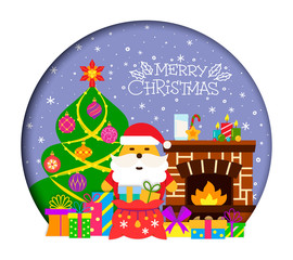 Christmas greeting card tree gift text flat vector