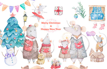 Cute watercolor cartoon set rats and spruce tree. Watercolor hand drawn animals illustration. New Year 2020 holiday drawing illustration. Symbol 2020 Merry Christmas gift card. Greeting postcard