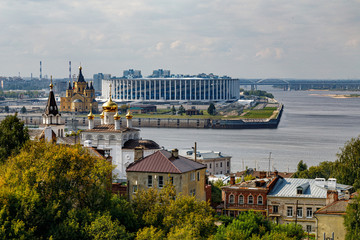Nizhny Novgorod, Russia. Panoramic view of Nizhny Novgorod. The confluence of the Oka and Volga rivers. The historical part of the city. Embankment of Nizhny Novgorod.