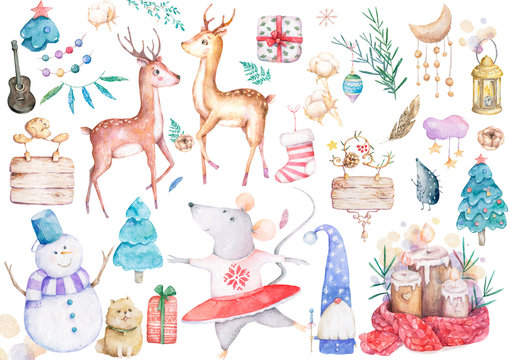 Big set cute watercolor cartoon animals and spruce tree. Watercolor hand drawn illustration. New Year 2020 holiday drawing illustration. Symbol 2020 Merry Christmas Winter gift card. Greeting postcard