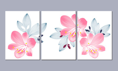 A set of three wall paintings, canvas for the living room. Poster element for interior design of a dining room, bedroom, office. Abstract floral background with clivia flowers. Home decor of the walls
