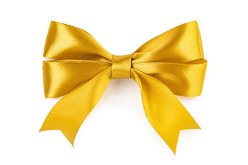 Golden yellow satin bow on white background. - 287097129
