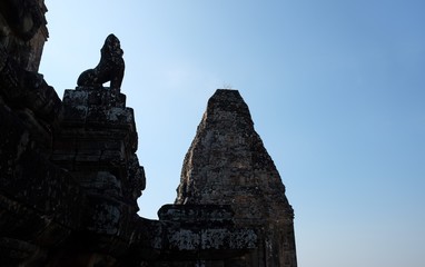 The ruins of an ancient brick building. Silhouette of the building against the sky.