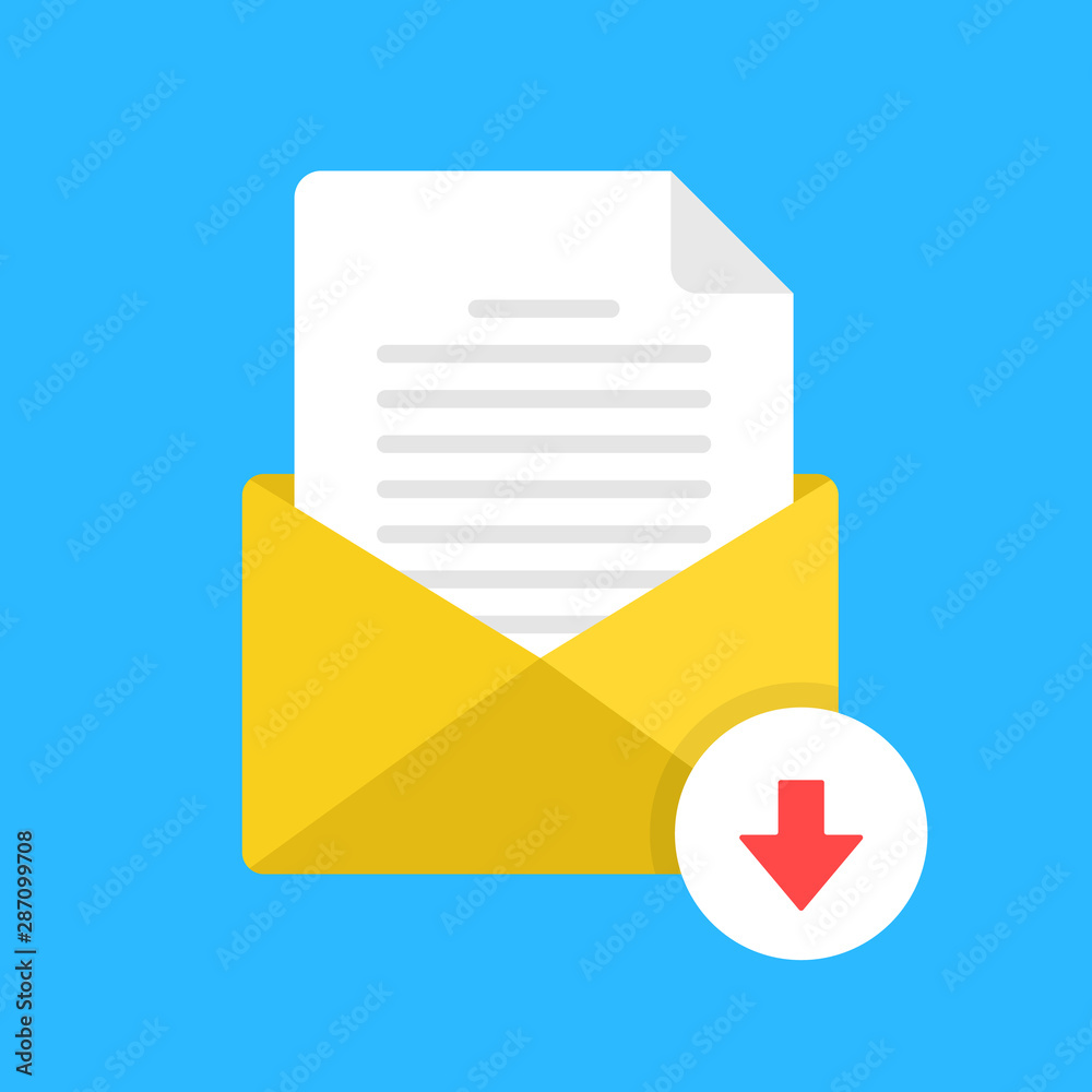 Poster Download email attachment. E-mail with document and down arrow button. Receive computer file. Modern flat design. Vector icon