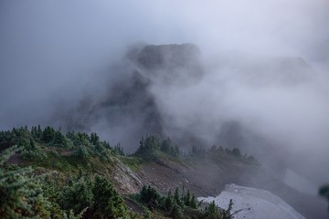 Foggy mountain view from above 