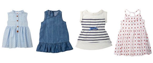 Collage of toddler girl summer dresses isolated on white background