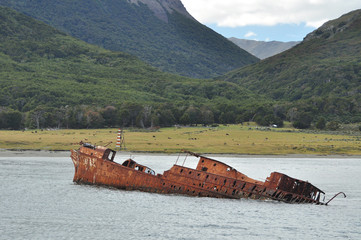 An old rusty ship wreck off the coast of South America 