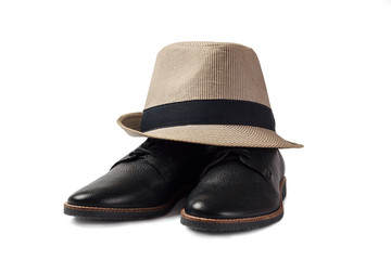 male classic hat and shoes isolated on white background