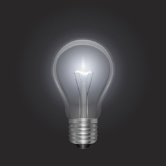 Transparent glowing electric light bulb with a silver base in Realistic style on bark background, Object for presentations, infographics, poster, web design or banner